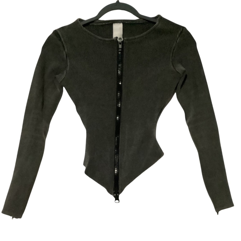 K the Label Ribbed Full Zip Top Small granite Asymmetrical Hem Grunge Style Edgy